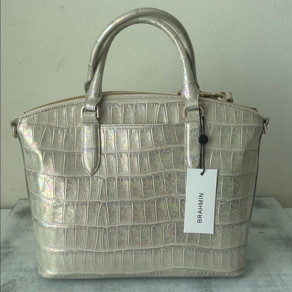 Brahmin Duxbury Leather Croc Embossed Satchel Handbag Pearly Cream Metallic
